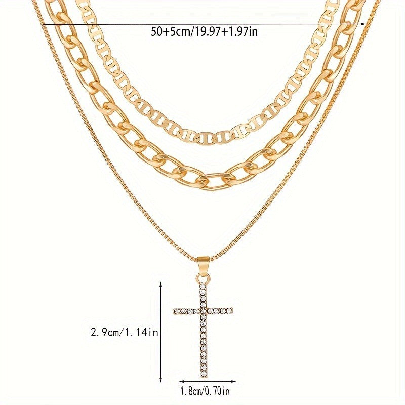 1Pcs/ three-layer Chain Cross Design Pendant Necklace, Elegant Luxury Style Alloy Jewelry, Fashionable Women's Necklace. MyFave Boutique