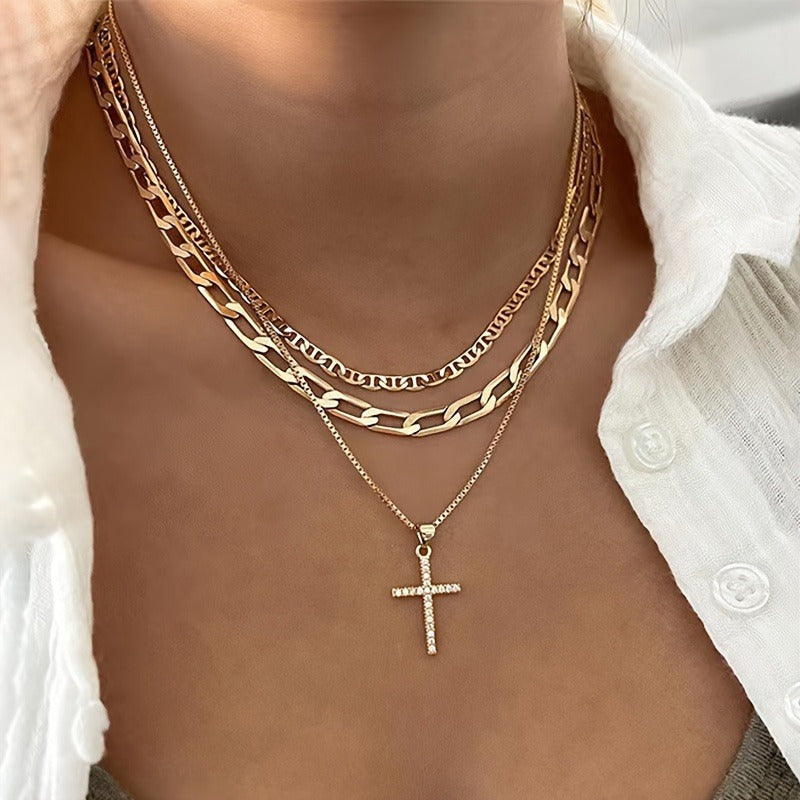 1Pcs/ three-layer Chain Cross Design Pendant Necklace, Elegant Luxury Style Alloy Jewelry, Fashionable Women's Necklace. MyFave Boutique