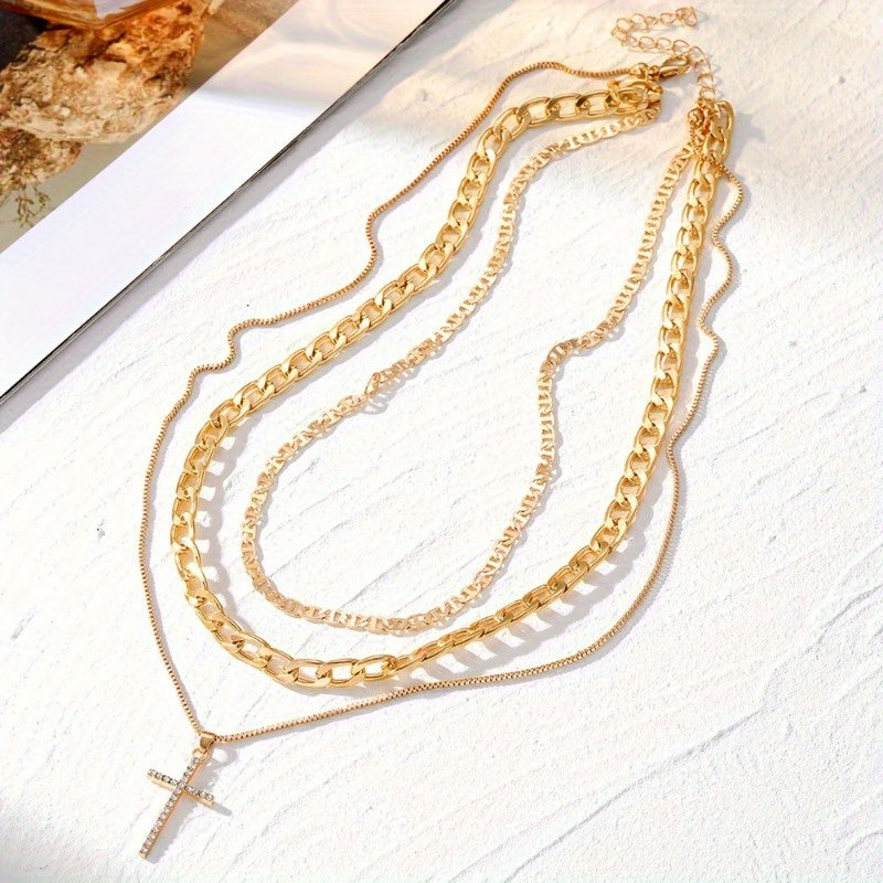 1Pcs/ three-layer Chain Cross Design Pendant Necklace, Elegant Luxury Style Alloy Jewelry, Fashionable Women's Necklace. MyFave Boutique