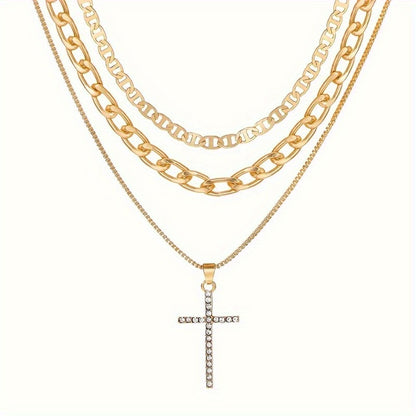 1Pcs/ three-layer Chain Cross Design Pendant Necklace, Elegant Luxury Style Alloy Jewelry, Fashionable Women's Necklace. MyFave Boutique