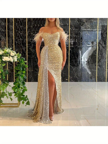 Sequined Off Shoulder Bodycon Dress, Elegant Faux Feather Split Thigh Maxi Dress For Party & Banquet, Women's Clothing MyFave Boutique