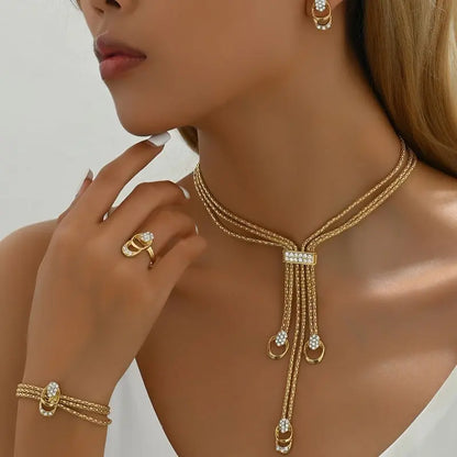 Elegant 14K Gold Plated Jewelry Set with Rhinestone Embellishments - Necklace, Earrings, Bracelet, and Ring - Perfect for Weddings and Gifts MyFave Boutique