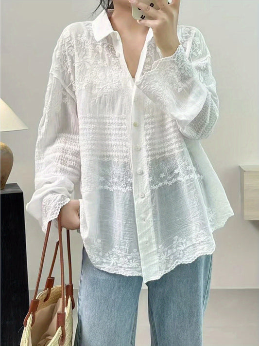 Floral Embroidery Button Down Blouse, Casual Collared Long Sleeve Blouse For Spring & Fall, Women's Clothing MyFave Boutique