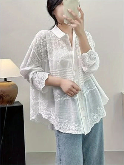 Floral Embroidery Button Down Blouse, Casual Collared Long Sleeve Blouse For Spring & Fall, Women's Clothing MyFave Boutique