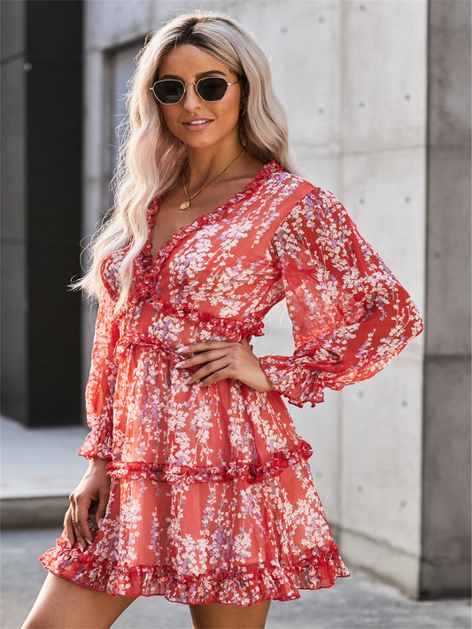 Floral Print Ruched Trim V-neck Dress, Elegant Backless Long Sleeve Tiered Hem Mini Dress For Spring & Summer, Women's Clothing MyFave Boutique