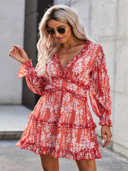 Floral Print Ruched Trim V-neck Dress, Elegant Backless Long Sleeve Tiered Hem Mini Dress For Spring & Summer, Women's Clothing MyFave Boutique