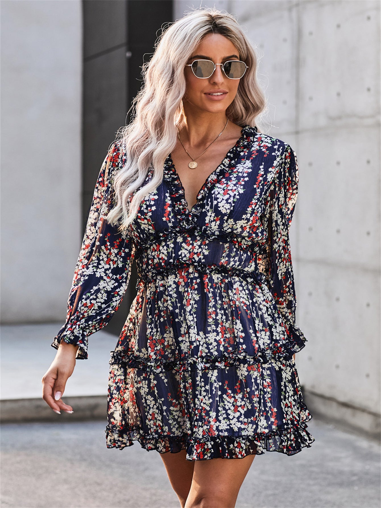 Floral Print Ruched Trim V-neck Dress, Elegant Backless Long Sleeve Tiered Hem Mini Dress For Spring & Summer, Women's Clothing MyFave Boutique