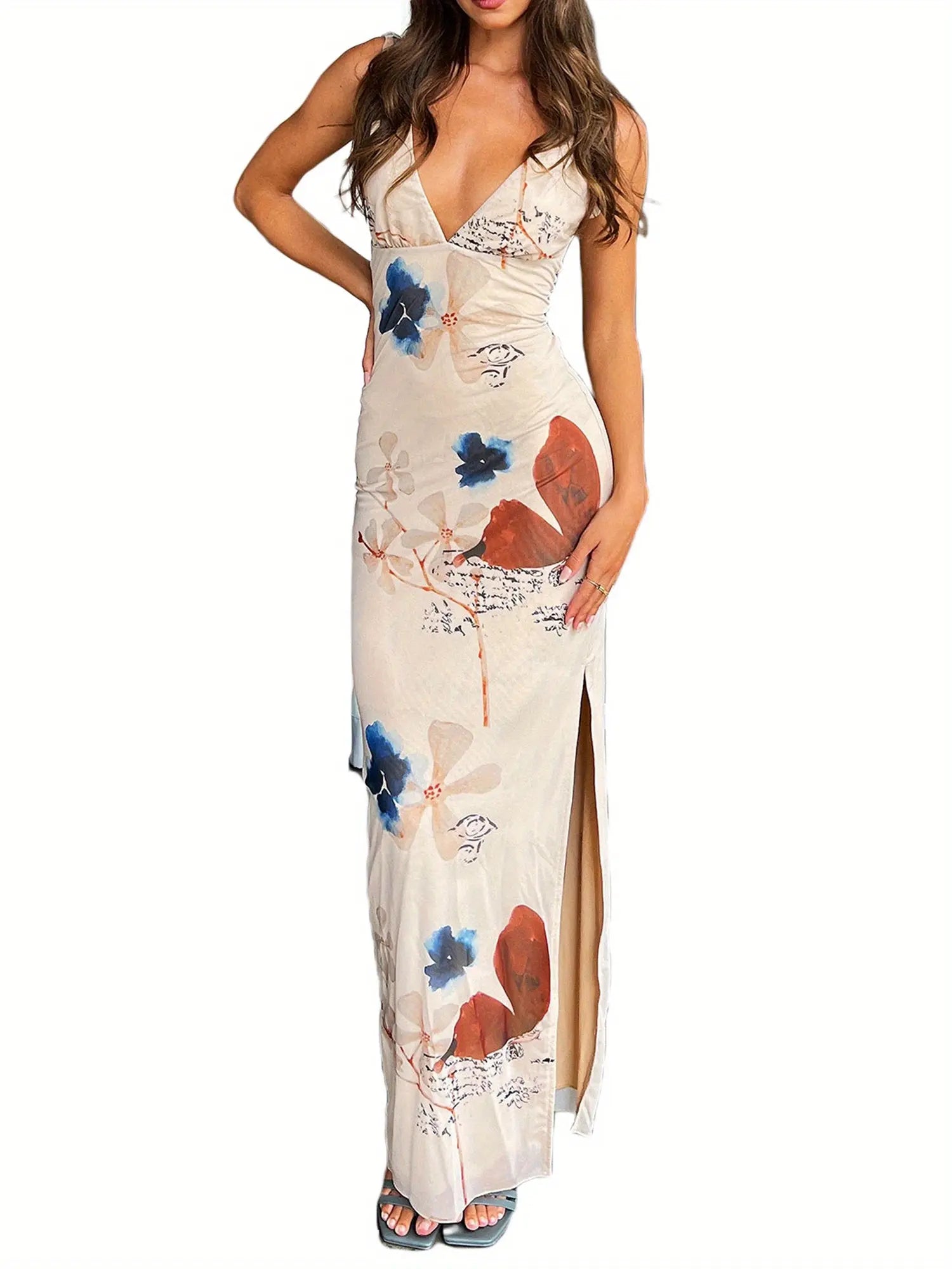 Floral Print V-neck Cami Dress, Elegant Split Hem Maxi Dress For Spring & Summer, Women's Clothing MyFave Boutique