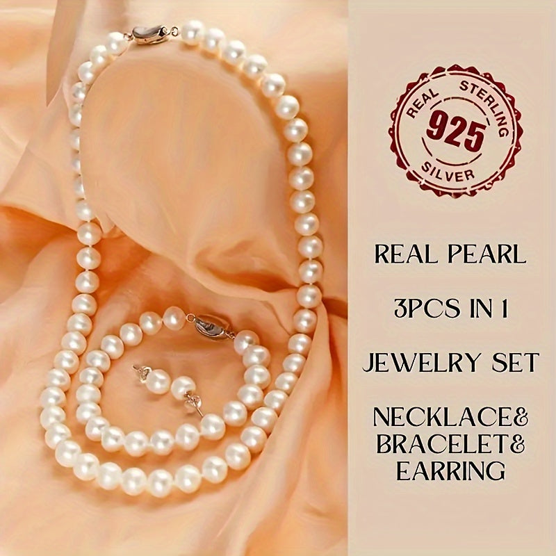 Stunning Freshwater Cultured Pearl Necklace Set with Matching Bracelet and Stud Earrings MyFave Boutique