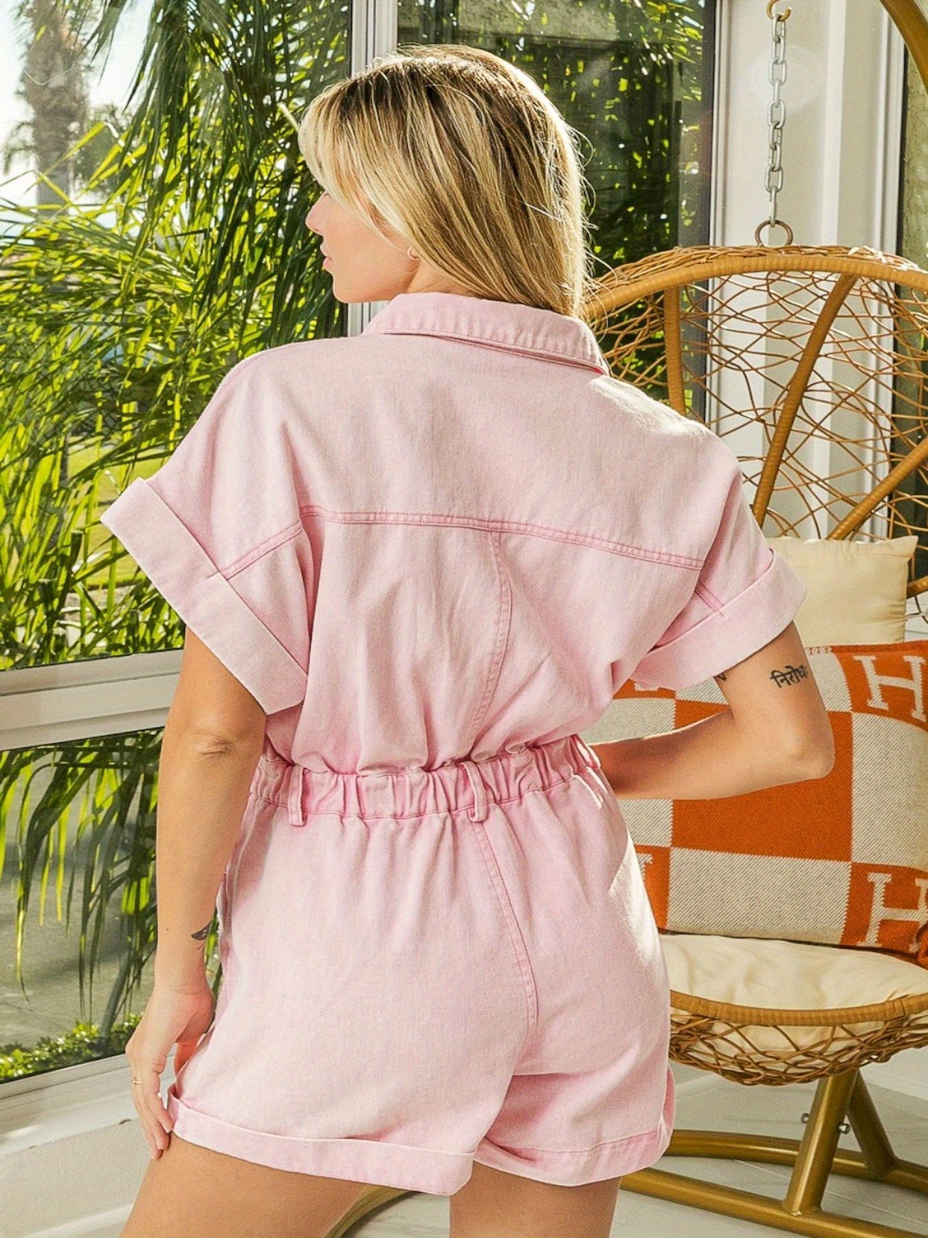 Distressed Ripped Plain Pinkish Patel Color Casual Style Short Sleeve Denim Romper Dungarees, Women's Denim Jeans & Clothing MyFave Boutique