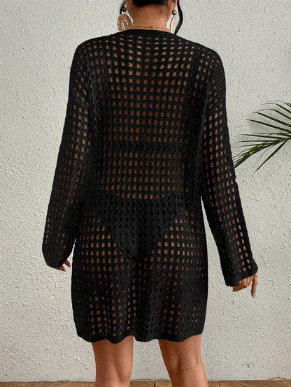 Women's Short Long Sleeved Knitted Dress with Hollowed Out Sexy Neckline and Lace Up Bikini Swimsuit Cover Up MyFave Boutique