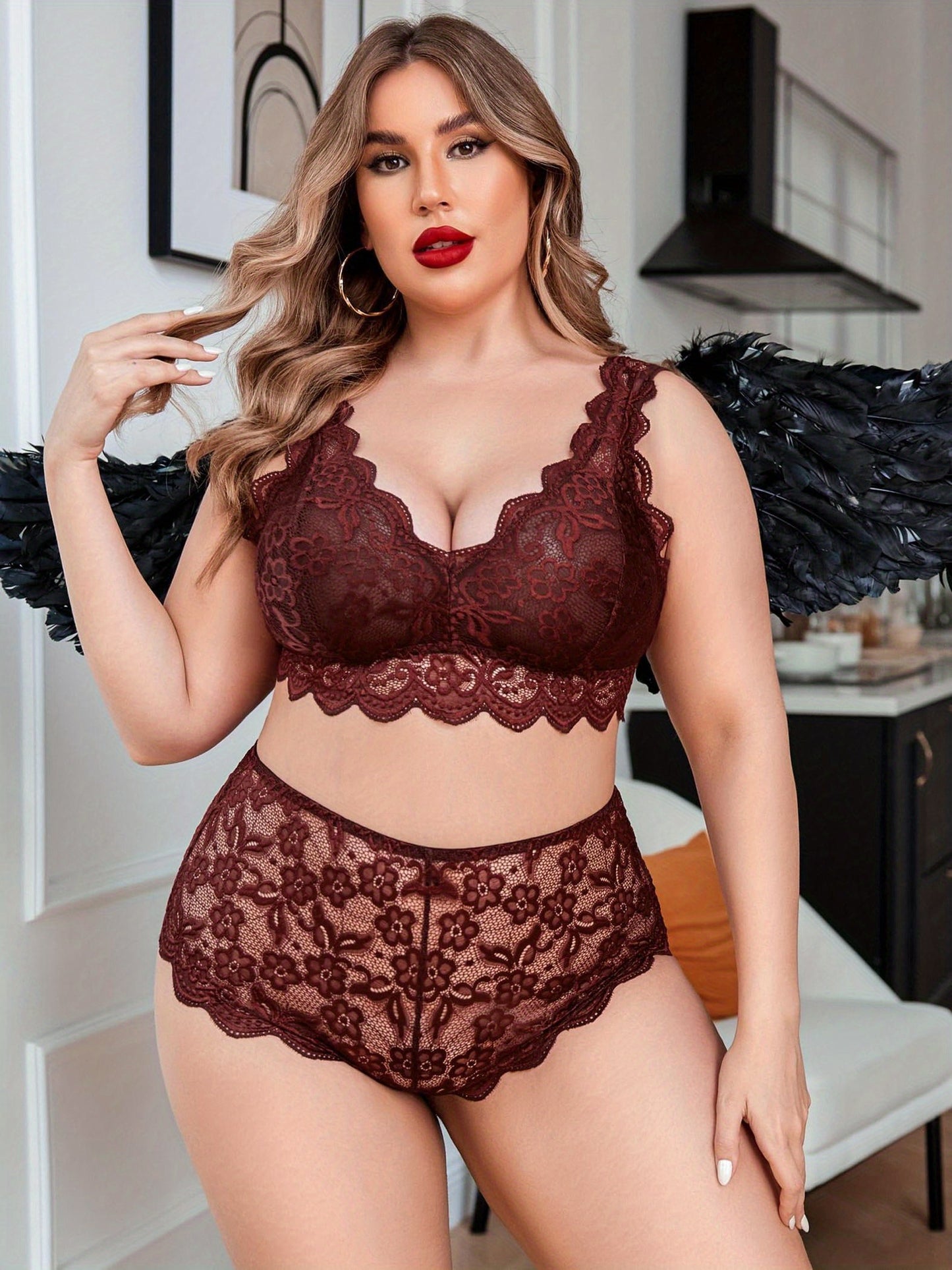 Plus Size Exotic Lingerie Set, Women's Floral Lace V Neck Scalloped Trim Bra & Panty Lingerie Two Piece Set MyFave Boutique