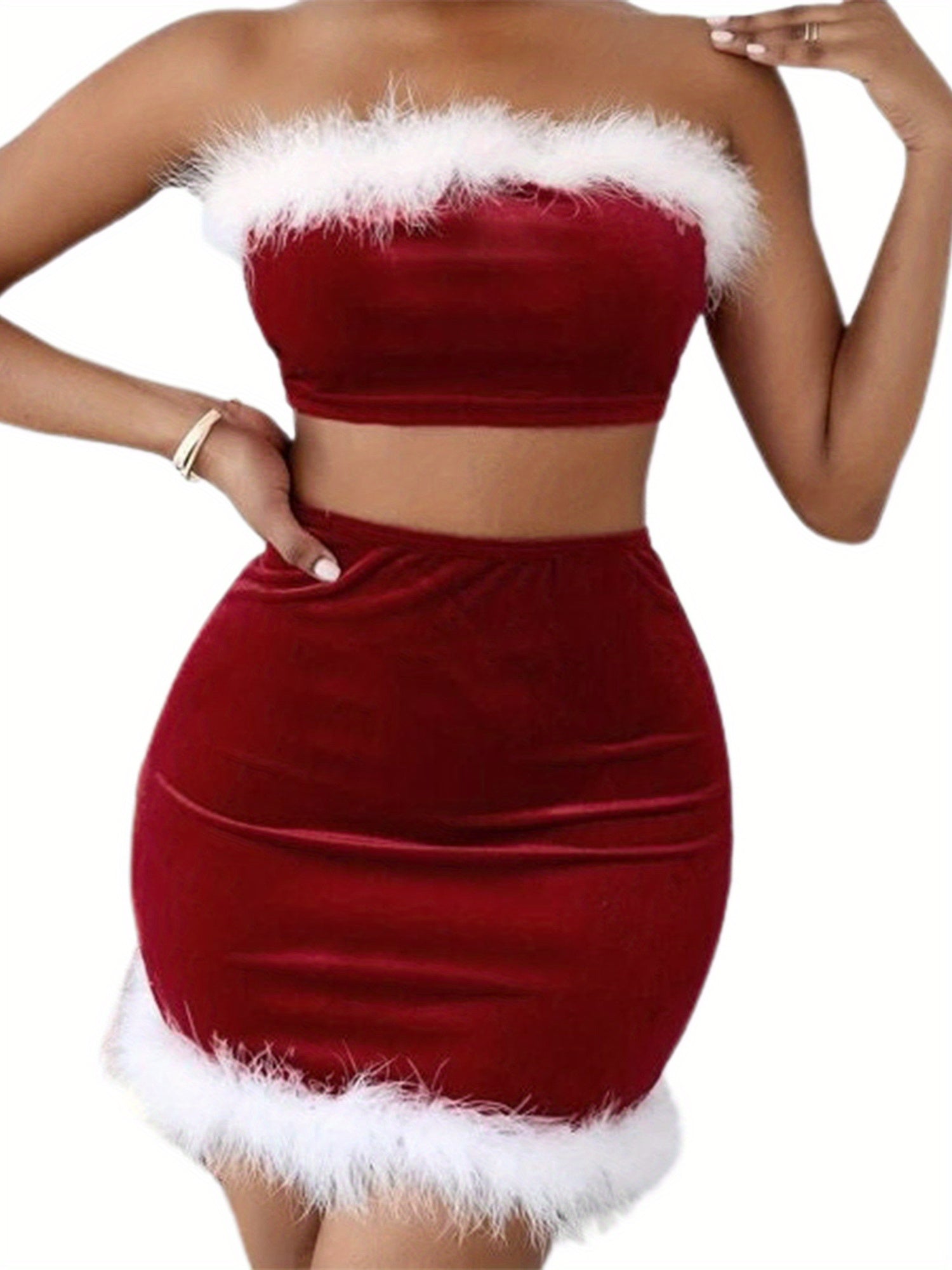 Women's Christmas Skirt Outfits Contrast Color Crop Tube Tops + Bodycon Mini Skirt Lingerie MyFave Boutique