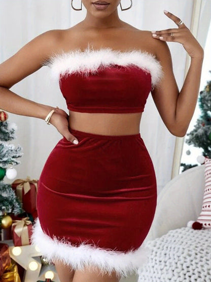 Women's Christmas Skirt Outfits Contrast Color Crop Tube Tops + Bodycon Mini Skirt Lingerie MyFave Boutique