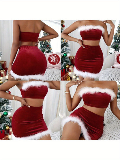 Women's Christmas Skirt Outfits Contrast Color Crop Tube Tops + Bodycon Mini Skirt Lingerie MyFave Boutique