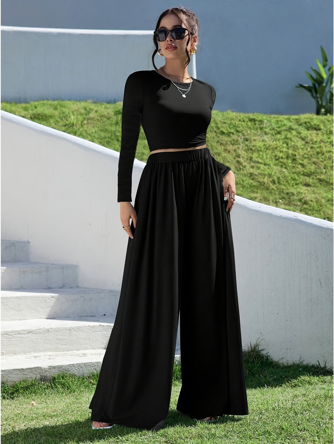 2pcs Solid color elegant pants suit, round neck long sleeve T-shirt and wide leg loose pants, women's wear MyFave Boutique