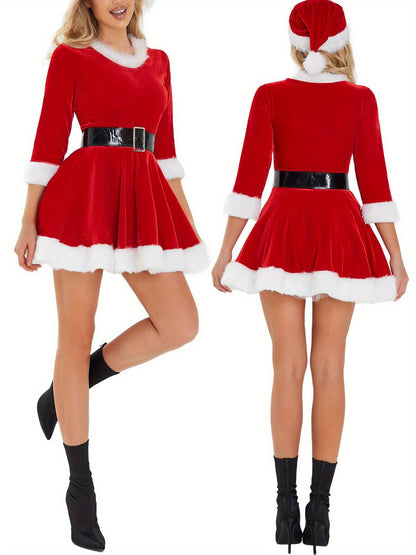 Women Christmas Dress Santa Cosplay Dress Plush Trim Velvet Round Neck 3/4 Sleeve Belt Dress with Hat Costume MyFave Boutique