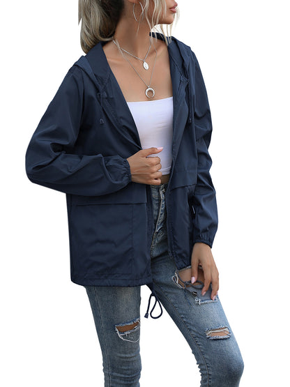 Women Plus Size Water Resistant Hooded Jacket, Solid Color Zipper Open Front Drawstring Coat, MyFave Boutique