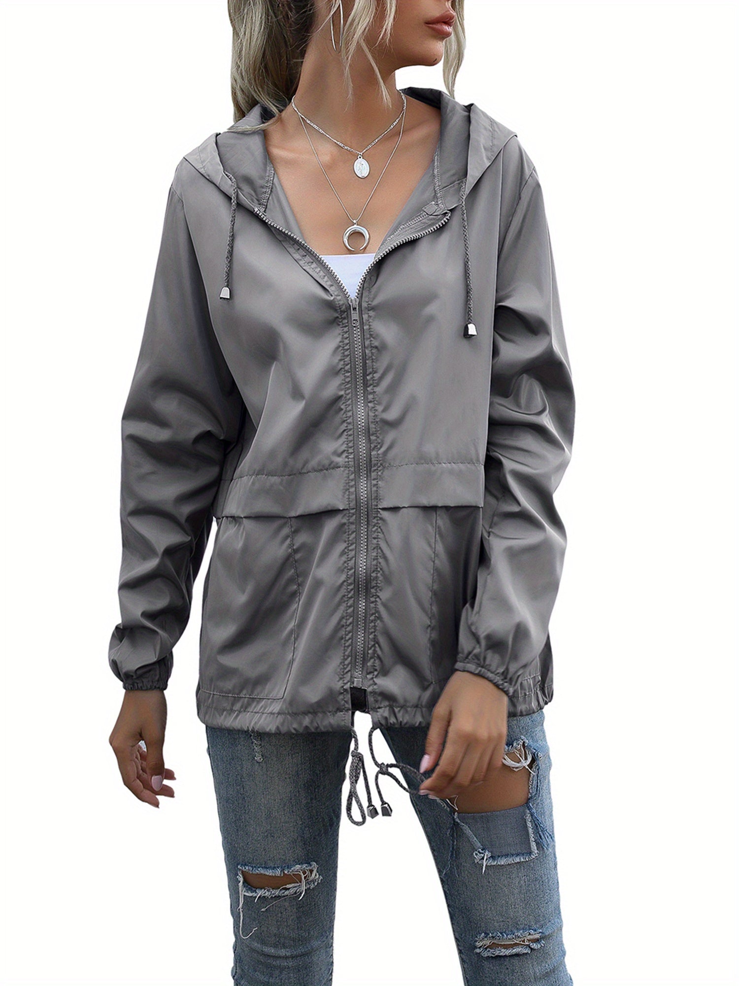 Women Plus Size Water Resistant Hooded Jacket, Solid Color Zipper Open Front Drawstring Coat, MyFave Boutique