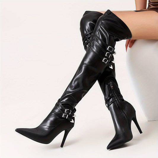 Black buckle strap high-heeled knee high boots MyFave Boutique