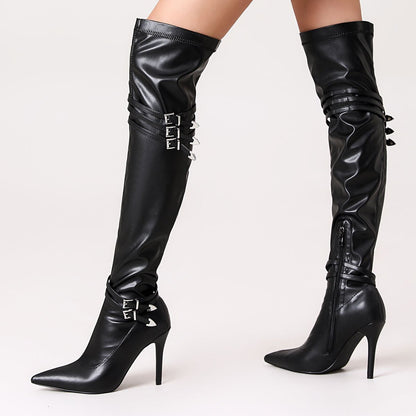 Black buckle strap high-heeled knee high boots MyFave Boutique