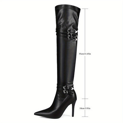 Black buckle strap high-heeled knee high boots MyFave Boutique