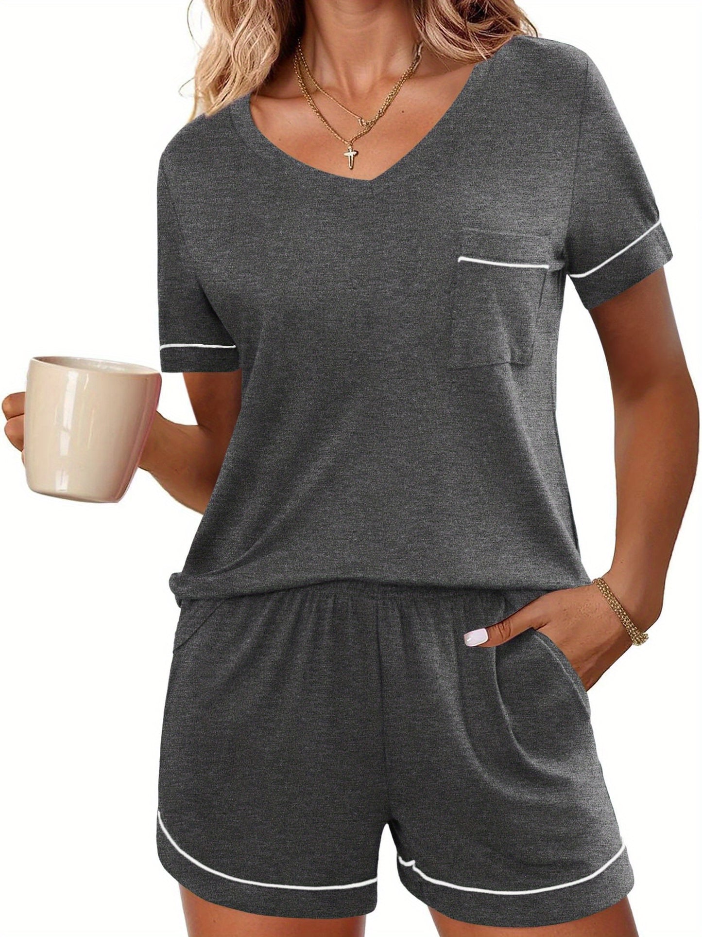 Pajamas Set for Women 2 Piece Sleepwear Short Sleeve Top and Shorts Soft V Neck Pjs Lounge Set with Pockets S-XXL  Matching Outfits T-shirt Biker Shorts Sleepwear Loungewear Sweatsuits  lounge wear women  pajama party pajamas for women comfy pajamas MyFave Boutique