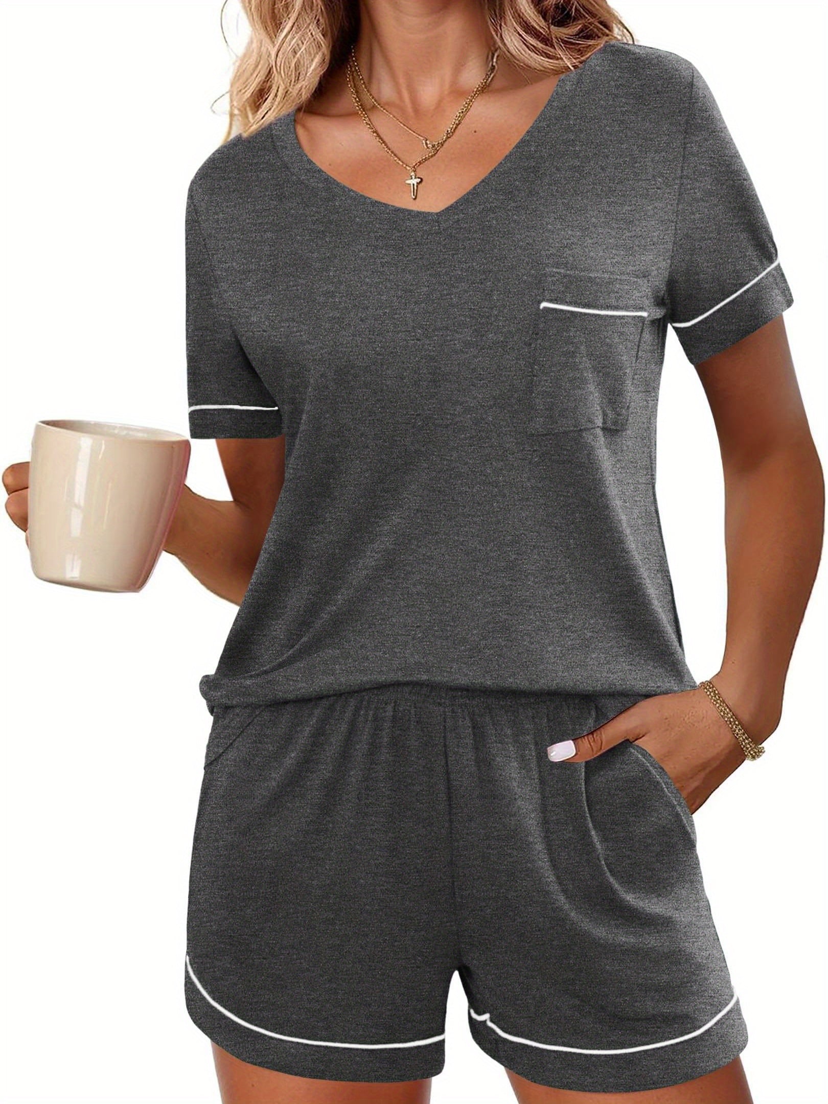 Pajamas Set for Women 2 Piece Sleepwear Short Sleeve Top and Shorts Soft V Neck Pjs Lounge Set with Pockets S-XXL  Matching Outfits T-shirt Biker Shorts Sleepwear Loungewear Sweatsuits  lounge wear women  pajama party pajamas for women comfy pajamas MyFave Boutique