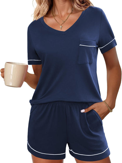 Pajamas Set for Women 2 Piece Sleepwear Short Sleeve Top and Shorts Soft V Neck Pjs Lounge Set with Pockets S-XXL  Matching Outfits T-shirt Biker Shorts Sleepwear Loungewear Sweatsuits  lounge wear women  pajama party pajamas for women comfy pajamas MyFave Boutique