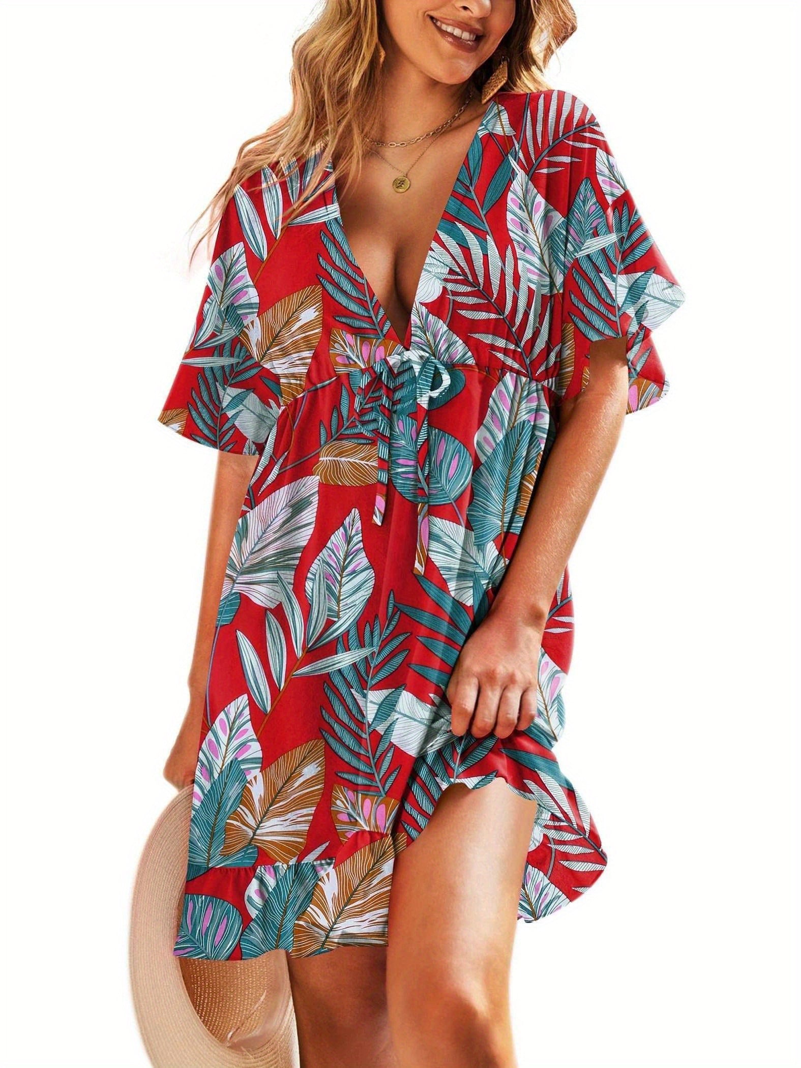 Floral Print Beach Cover up Swim Suits for Women 2024 Soft and Lightweight Bathing Suits Cover Ups Women's Beach Dresses V Neck Ruffle Sleeve Soft Coverups Dress Short Sleeve Cute Beachwear with Drawstring S-XXL Plus Sizes Swimsuit MyFave Boutique