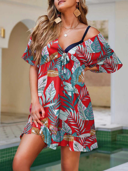 Floral Print Beach Cover up Swim Suits for Women 2024 Soft and Lightweight Bathing Suits Cover Ups Women's Beach Dresses V Neck Ruffle Sleeve Soft Coverups Dress Short Sleeve Cute Beachwear with Drawstring S-XXL Plus Sizes Swimsuit MyFave Boutique