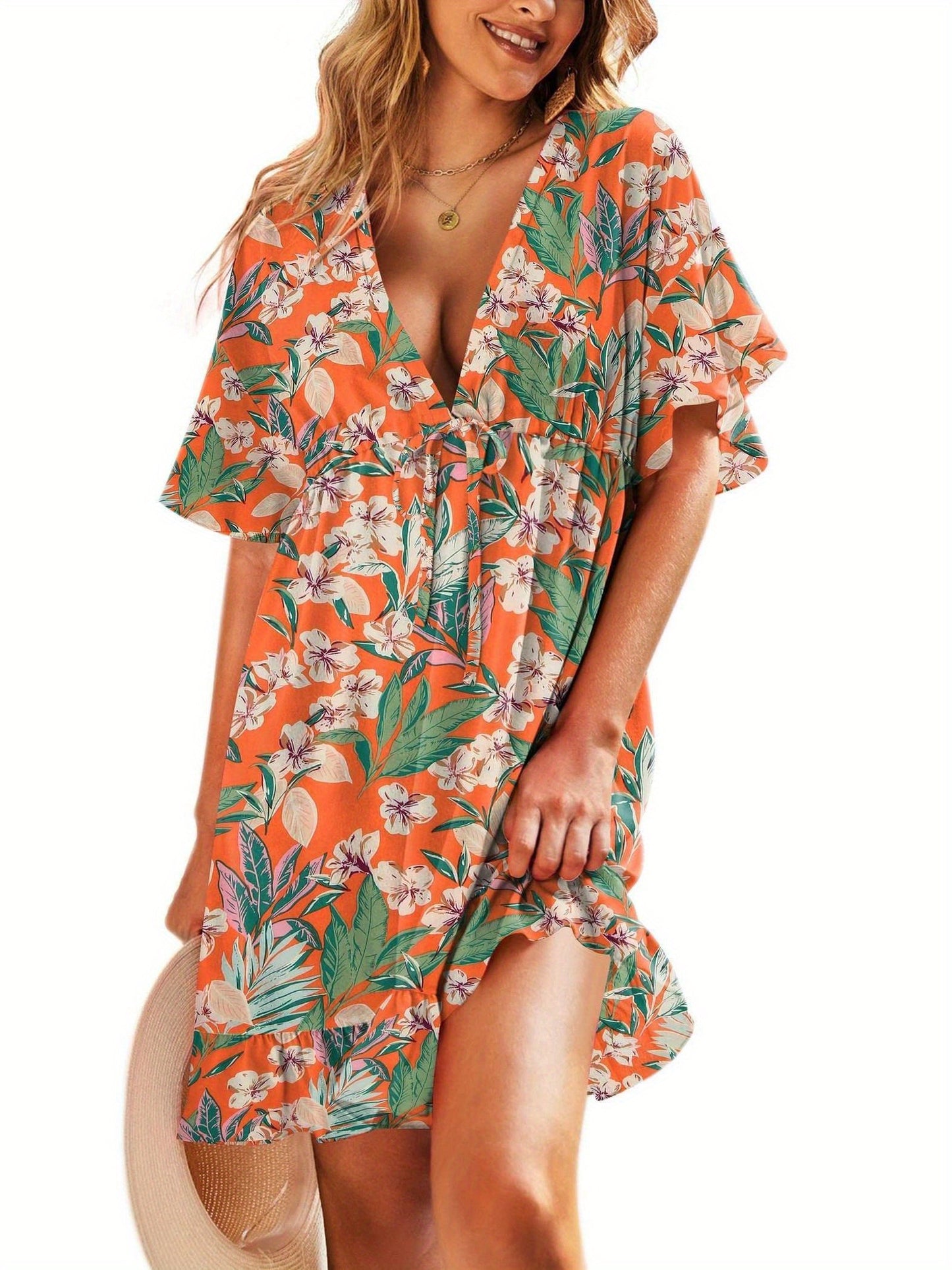 Floral Print Beach Cover up Swim Suits for Women 2024 Soft and Lightweight Bathing Suits Cover Ups Women's Beach Dresses V Neck Ruffle Sleeve Soft Coverups Dress Short Sleeve Cute Beachwear with Drawstring S-XXL Plus Sizes Swimsuit MyFave Boutique