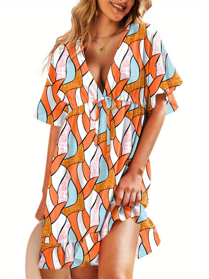 Floral Print Beach Cover up Swim Suits for Women 2024 Soft and Lightweight Bathing Suits Cover Ups Women's Beach Dresses V Neck Ruffle Sleeve Soft Coverups Dress Short Sleeve Cute Beachwear with Drawstring S-XXL Plus Sizes Swimsuit MyFave Boutique