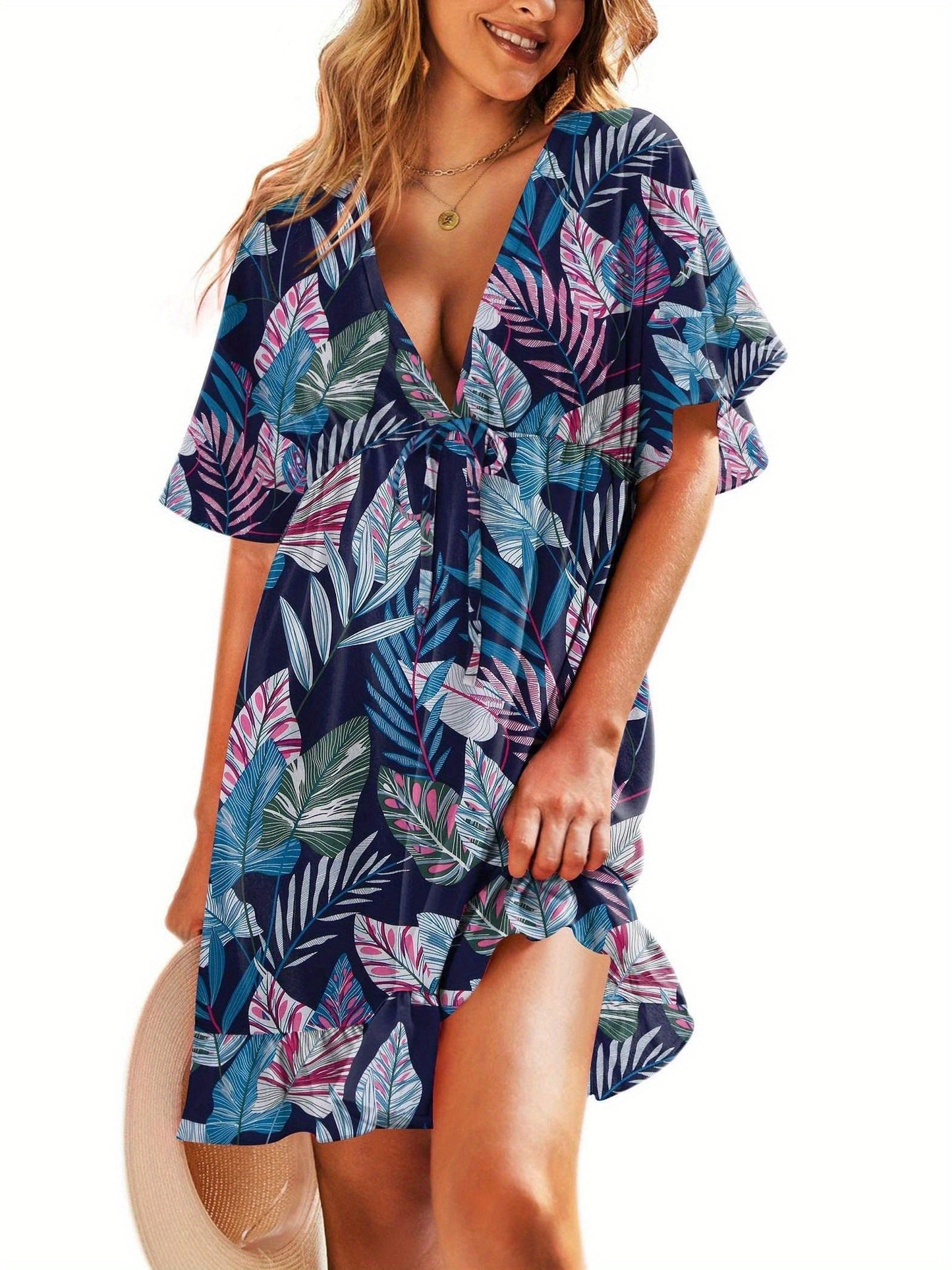 Floral Print Beach Cover up Swim Suits for Women 2024 Soft and Lightweight Bathing Suits Cover Ups Women's Beach Dresses V Neck Ruffle Sleeve Soft Coverups Dress Short Sleeve Cute Beachwear with Drawstring S-XXL Plus Sizes Swimsuit MyFave Boutique