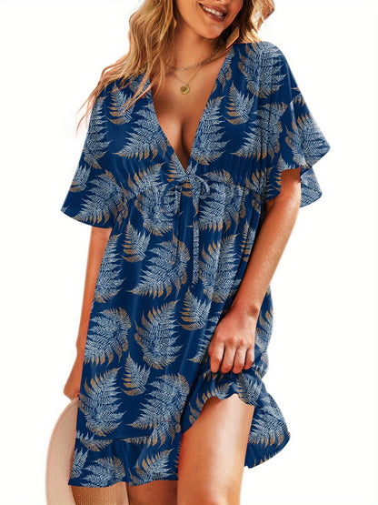 Floral Print Beach Cover up Swim Suits for Women 2024 Soft and Lightweight Bathing Suits Cover Ups Women's Beach Dresses V Neck Ruffle Sleeve Soft Coverups Dress Short Sleeve Cute Beachwear with Drawstring S-XXL Plus Sizes Swimsuit MyFave Boutique