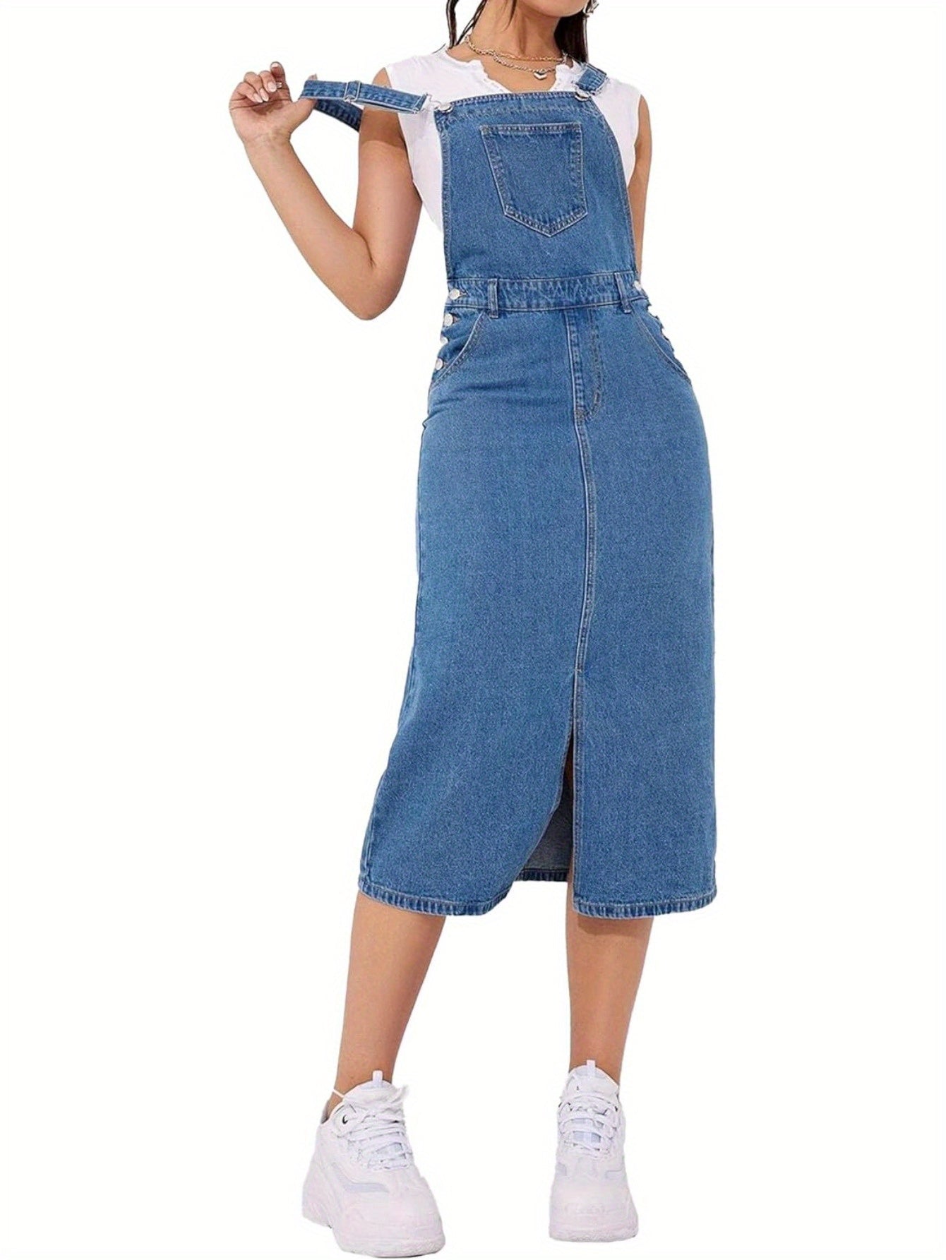 Women's Adjustable Strap Denim Pinafore Dress - Casual and Classic Overall style MyFave Boutique