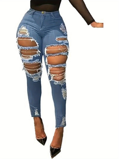 Women's High Waisted Stretch Skinny Distressed Denim Pants with Ripped Holes MyFave Boutique