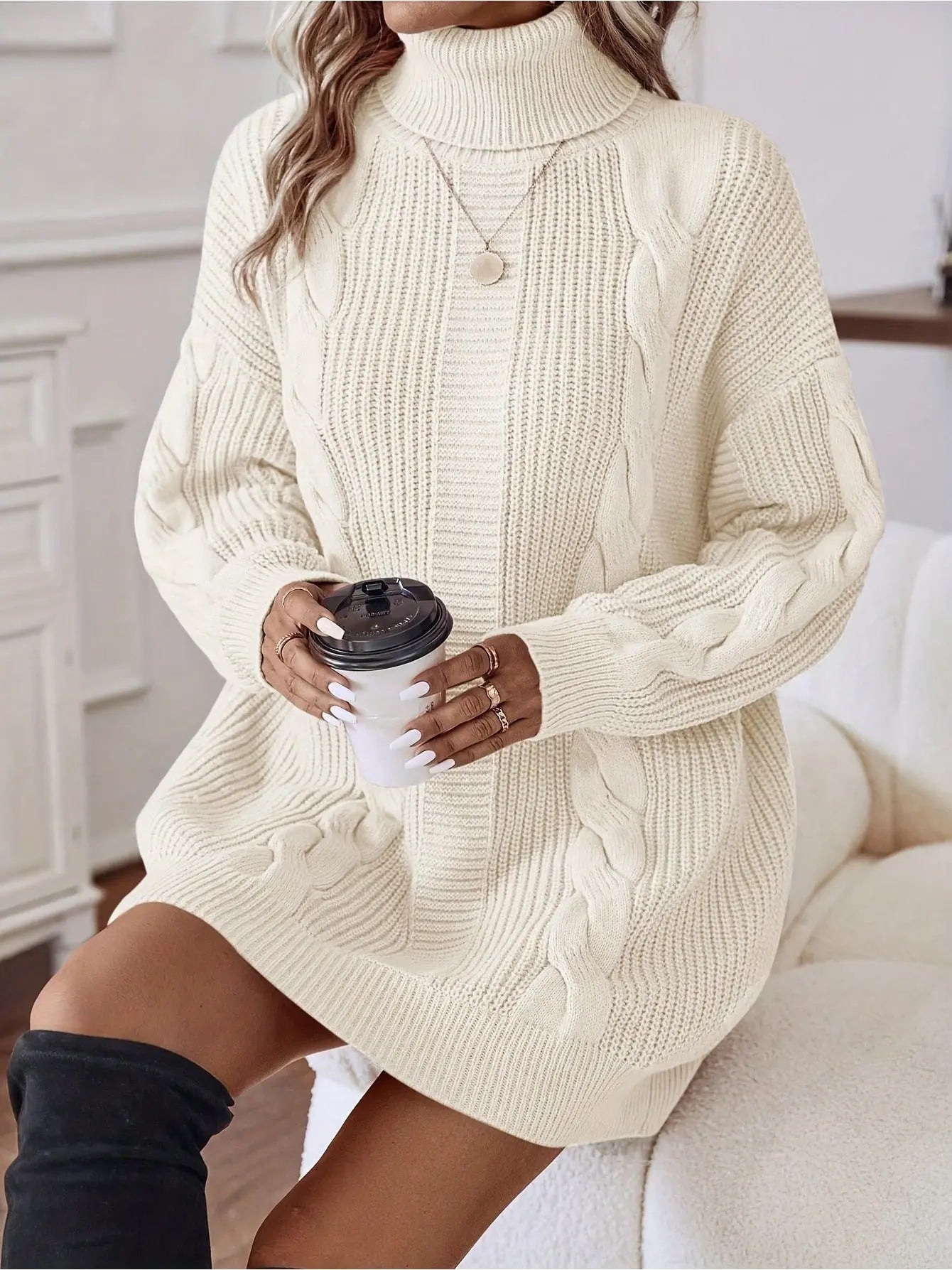 Women's High Neck Cable Knit Sweater Dress - 100% Acrylic Long Sleeve Pullover for Fall/Winter, Solid Color, Middle Eastern Style, Comfort Fit MyFave Boutique