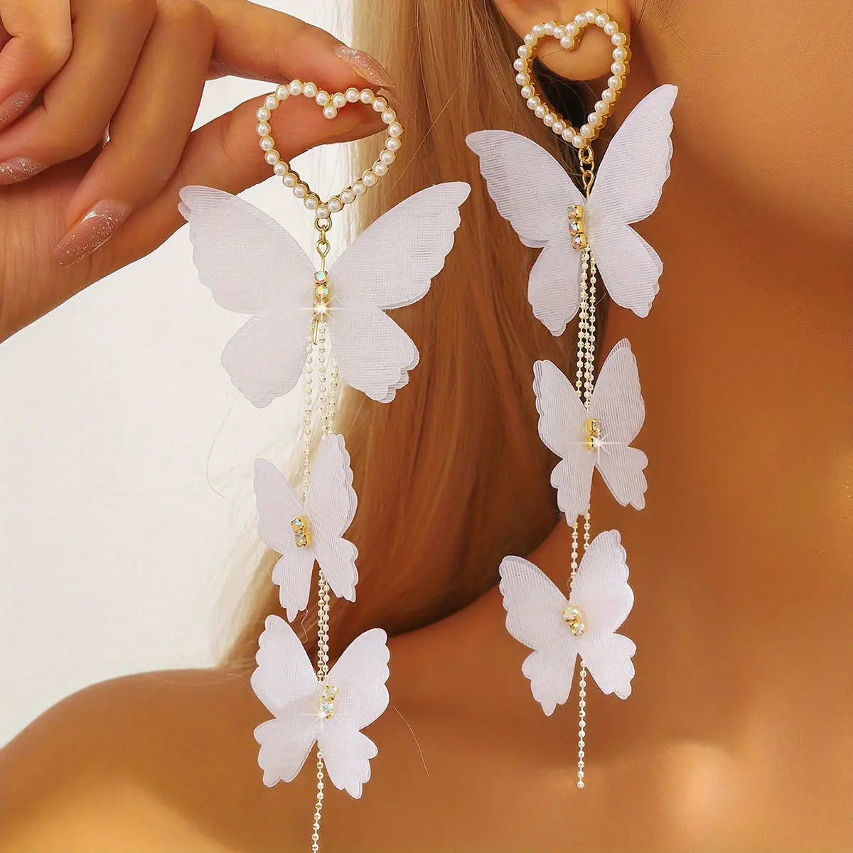 Elegant Boho Chic 2pcs Jewelry Set for Women - Silvery-Plated White Butterfly & Faux Pearl Bracelet with Rhinestone Accents and Long Drop Earrings - Perfect for Parties & Gifts MyFave Boutique