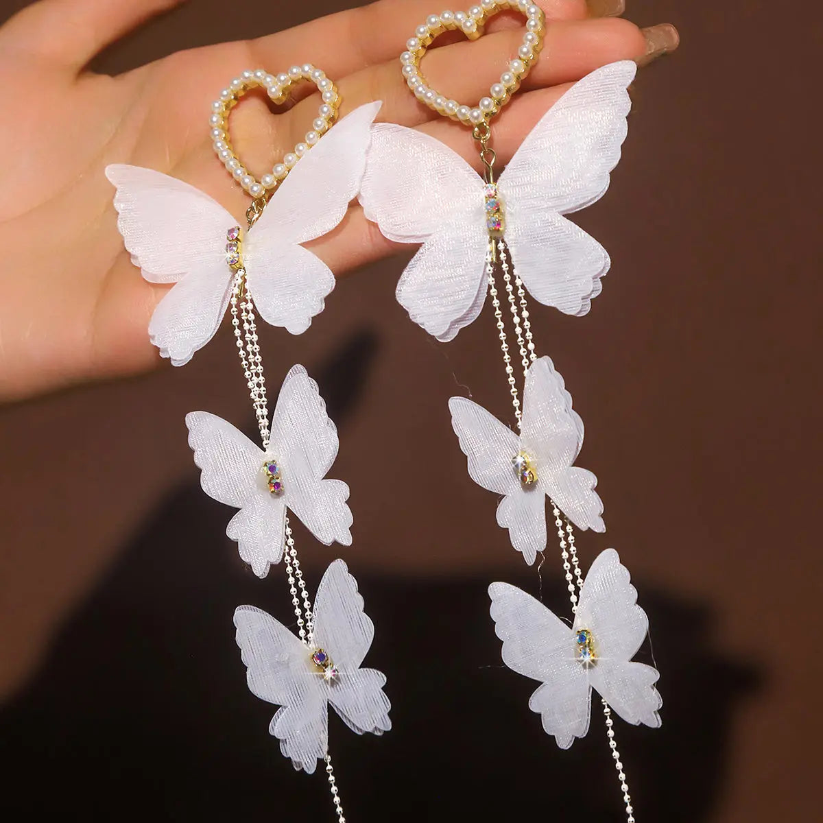 Elegant Boho Chic 2pcs Jewelry Set for Women - Silvery-Plated White Butterfly & Faux Pearl Bracelet with Rhinestone Accents and Long Drop Earrings - Perfect for Parties & Gifts MyFave Boutique