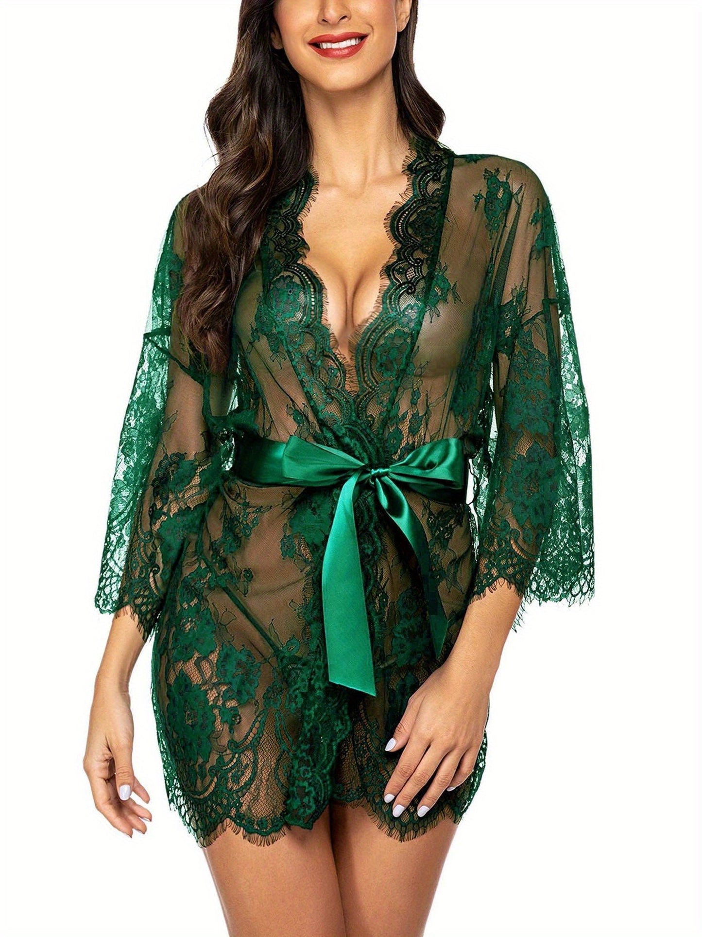 Women's Lace Kimono Robe Babydoll Lingerie Mesh Nightgown MyFave Boutique