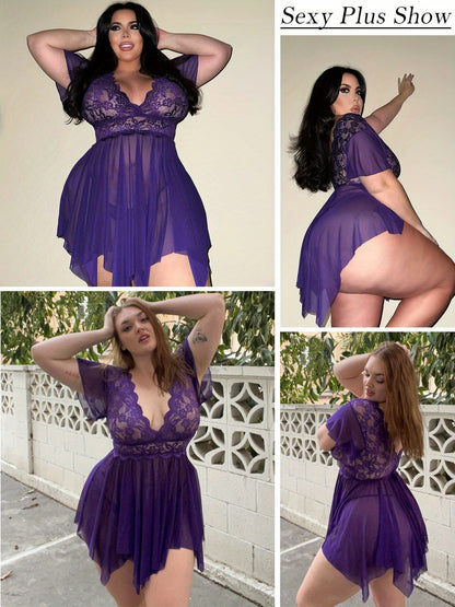 Plus Size Lingerie Babydoll Floral Lace Lingerie Deep V Nighty Mesh Sleepwear MyFave Boutique