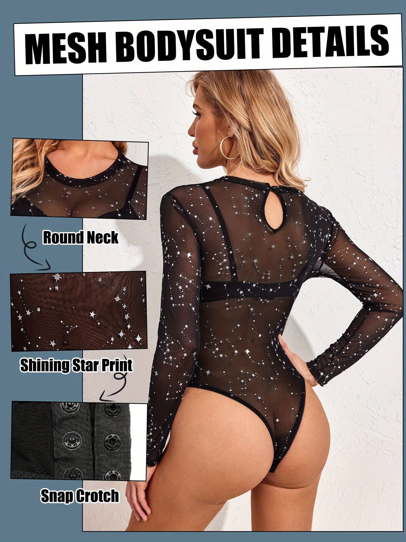 Womens Sheer Mesh Long Sleeve Bodysuit - Crew Neck Leotard MyFave Boutique