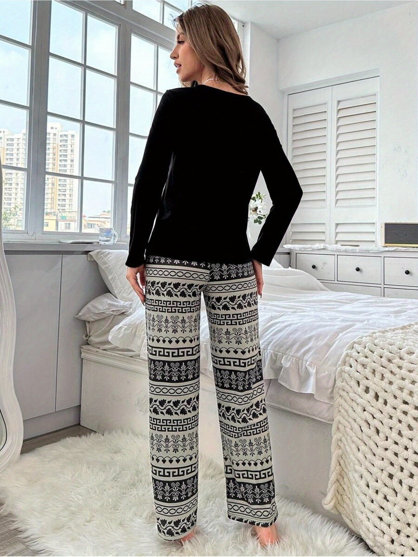 Women's Fall/Winter Pajama Set - Casual Crew Neck Long Sleeve Top and Printed Pants, Cozy Knit Polyester-Elastane Blend Sleepwear Set MyFave Boutique