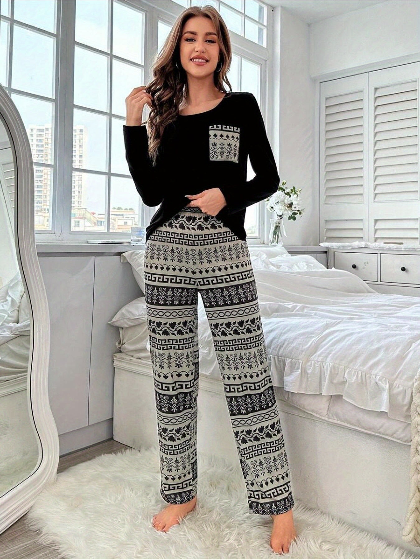 Women's Fall/Winter Pajama Set - Casual Crew Neck Long Sleeve Top and Printed Pants, Cozy Knit Polyester-Elastane Blend Sleepwear Set MyFave Boutique