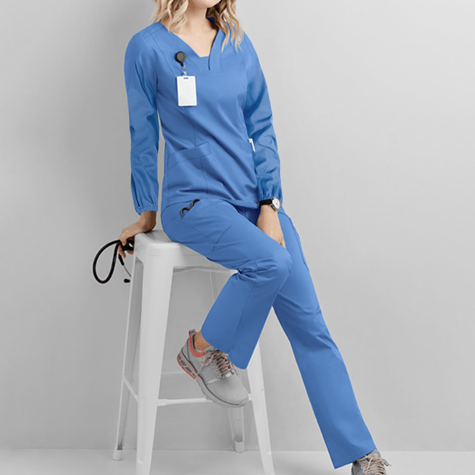 Professional Surgical Scrub Set with Long Sleeves - Comfort Fit, Pockets Included, Polyester - Available in Light Blue, White, Green, Blue, Black MyFave Boutique