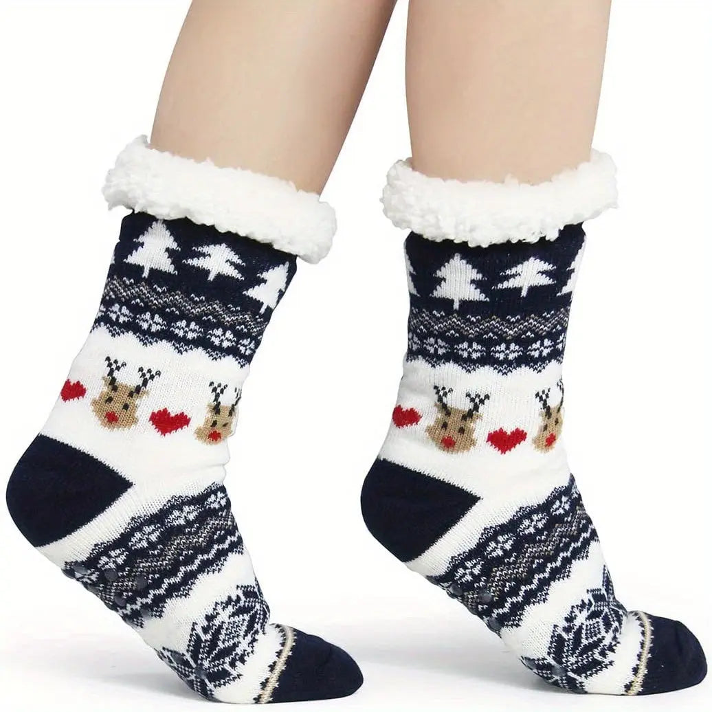 3 Pairs Women's Knit Polyester Slipper Socks with Fleece Lining and Non-Slip Grippers - Machine Washable Christmas Pattern Cozy Short Socks for Winter Warmth - Perfect Gift Set MyFave Boutique