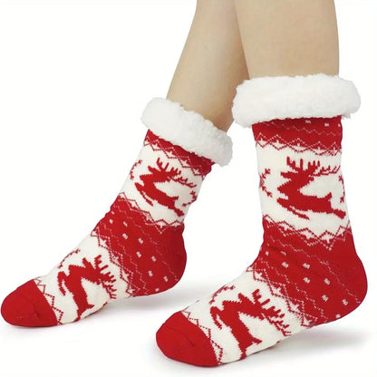 3 Pairs Women's Knit Polyester Slipper Socks with Fleece Lining and Non-Slip Grippers - Machine Washable Christmas Pattern Cozy Short Socks for Winter Warmth - Perfect Gift Set MyFave Boutique