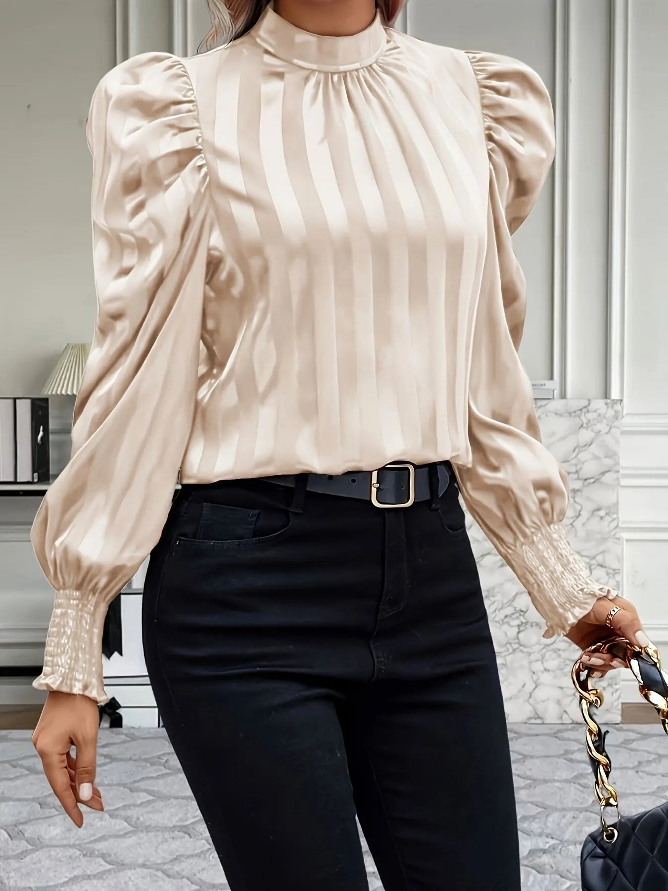 Mock Neck Puff Sleeve Blouse, Elegant Shirred Trim Blouse For Spring & Fall, Women's Clothing MyFave Boutique