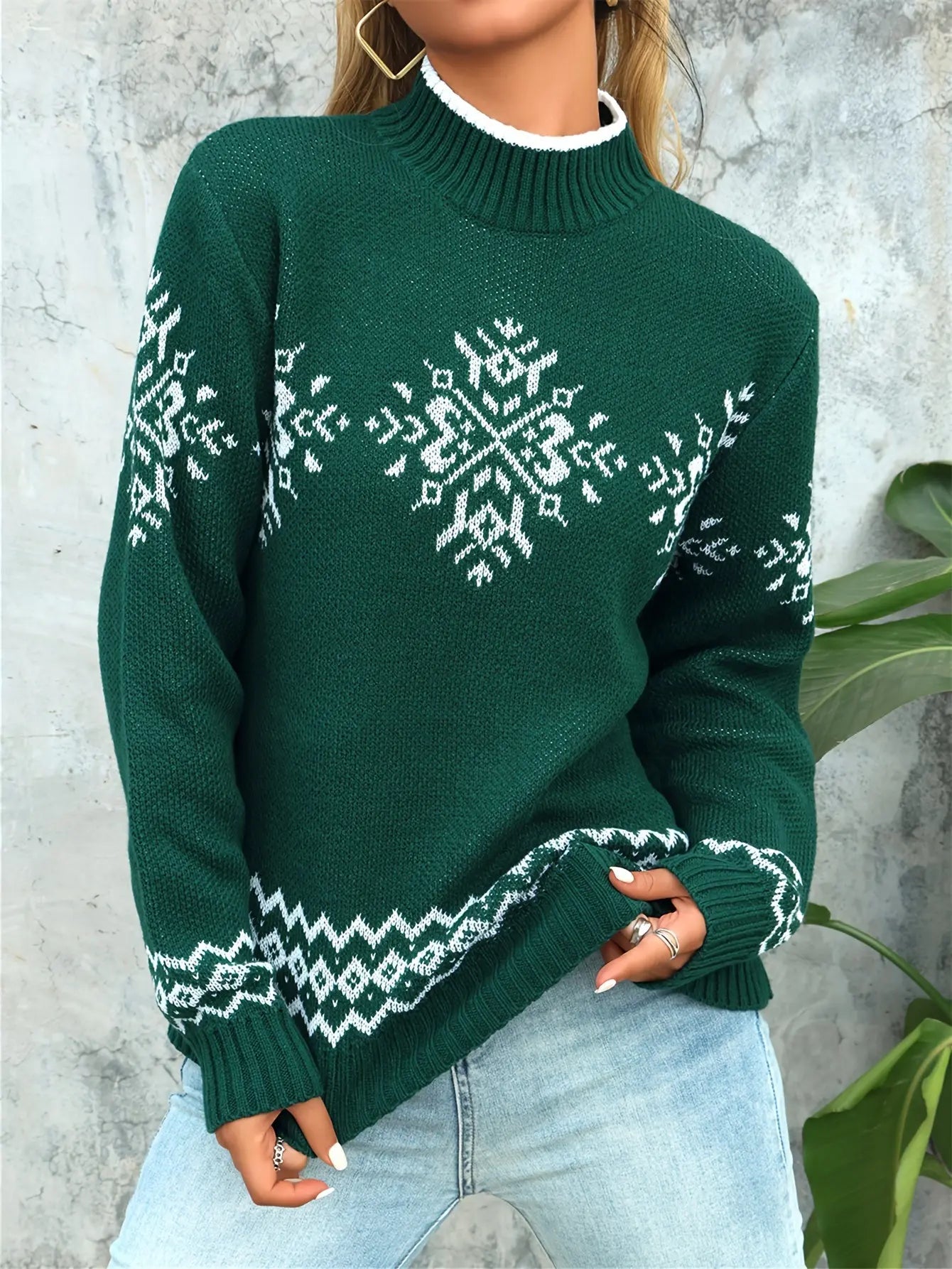 Christmas Tribal Pattern Mock Neck Sweater, Casual Long Sleeve Sweater For Fall & Winter, Women's Clothing MyFave Boutique